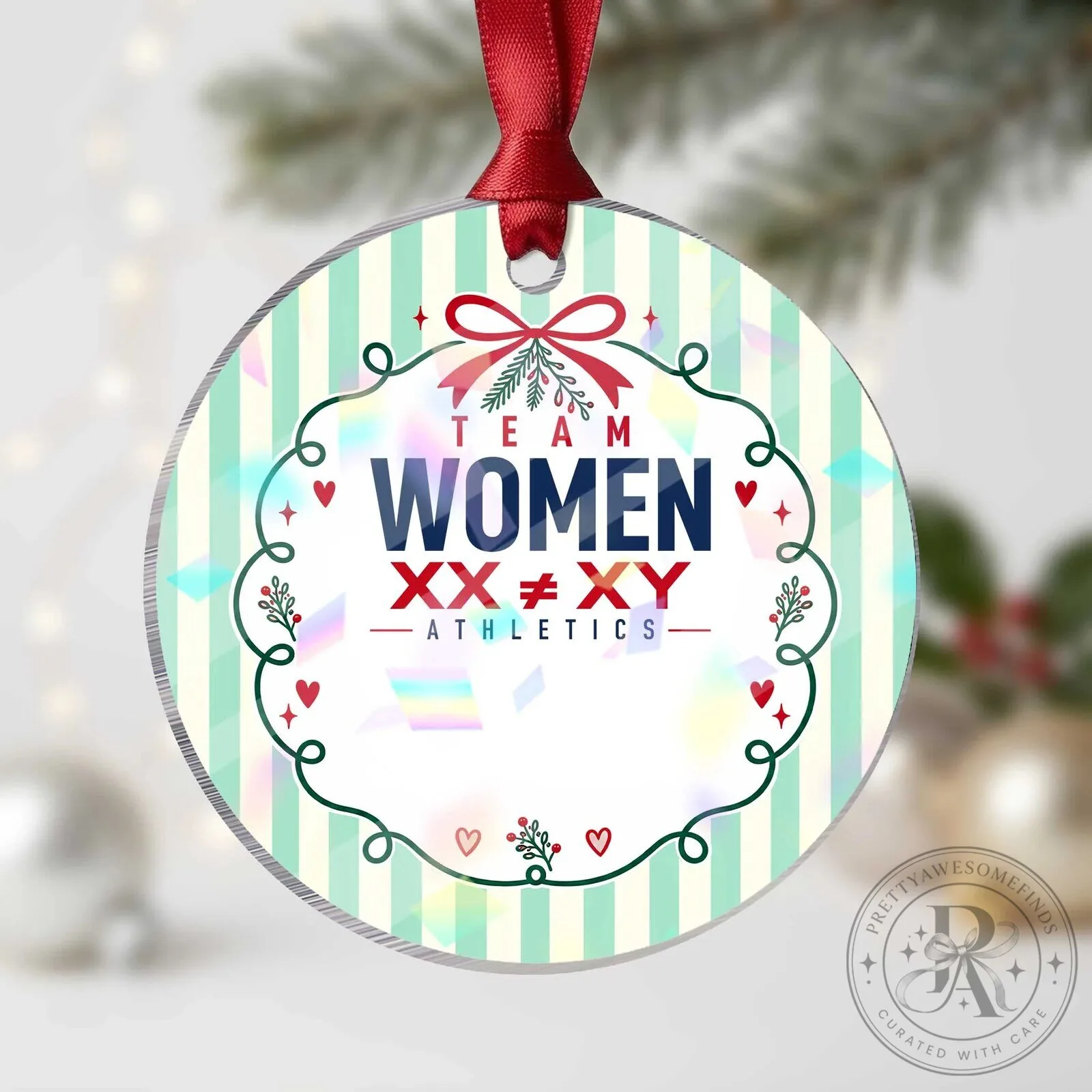 Team Women Athletics XX Not Equal XY Varsity Style Holographic Acrylic Ornament