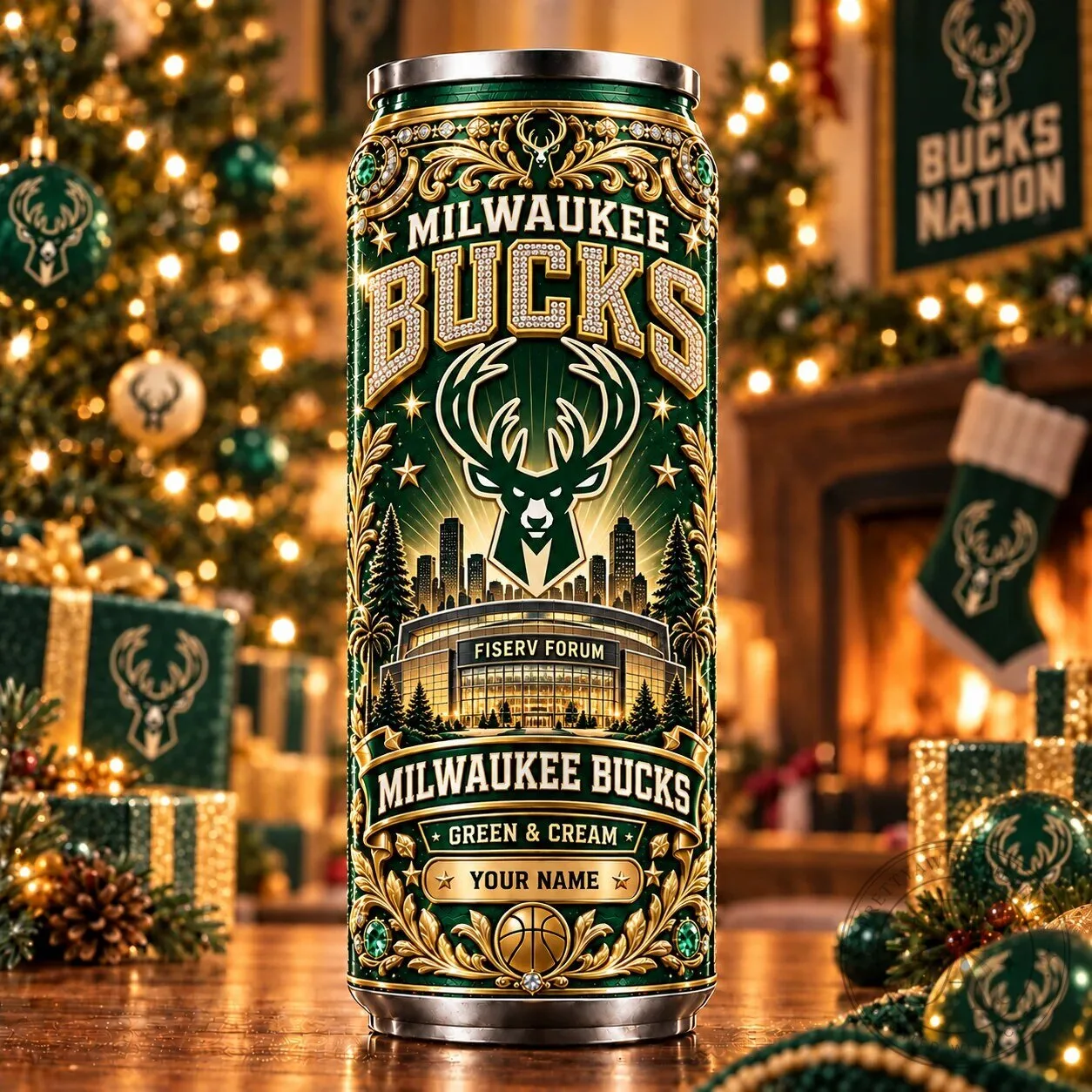 Milwaukee Bucks NBA Fiserv Forum Green and Cream Personalized Tumbler