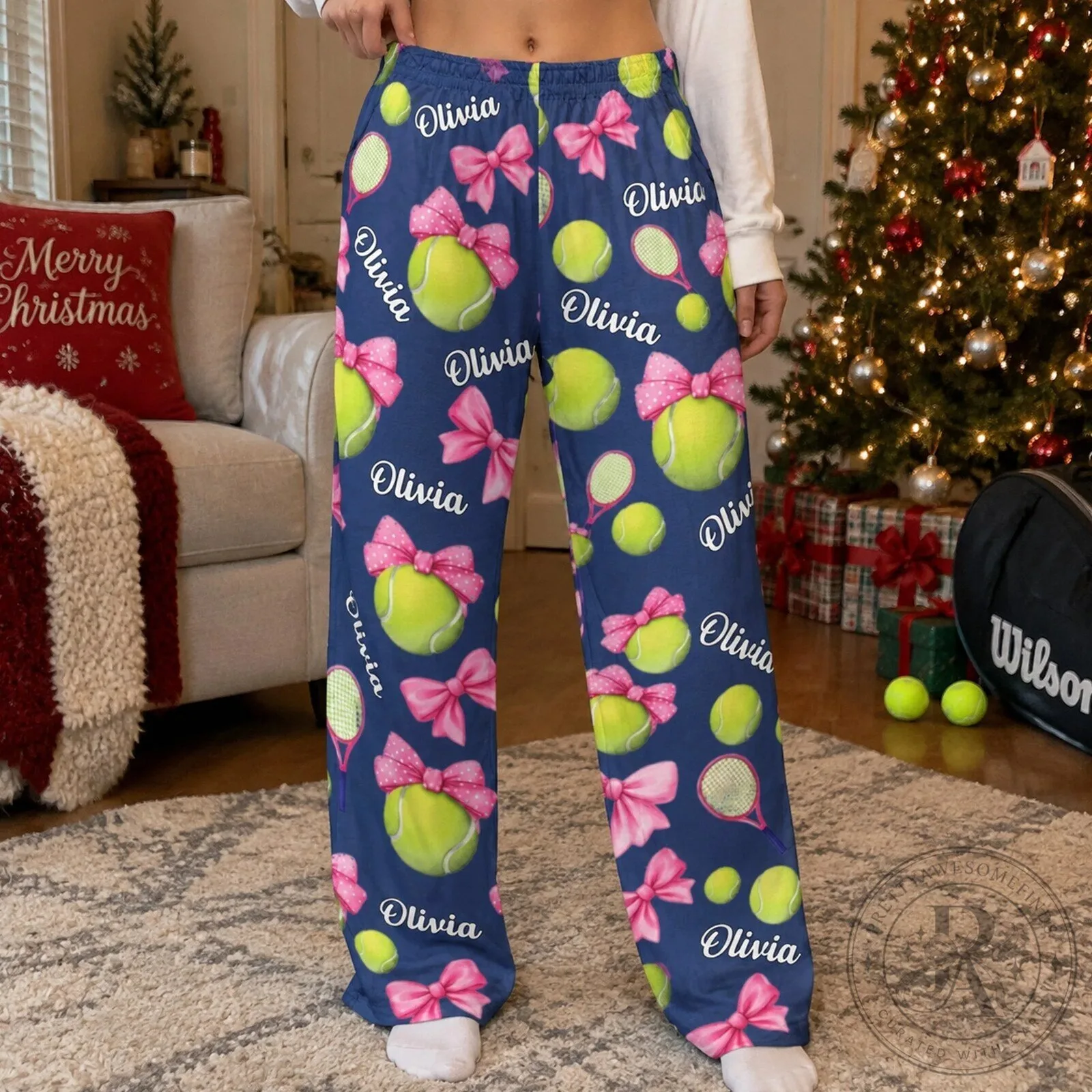 Personalized Tennis Ball and Pink Bow Pattern Pajama Pants for Women
