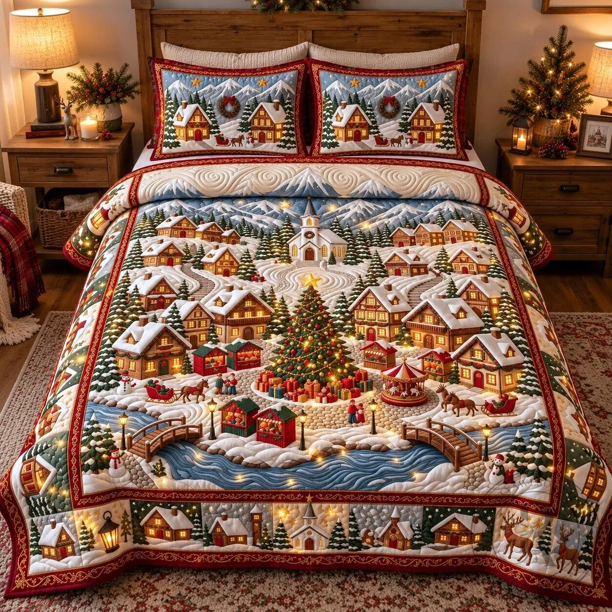Festive Christmas Town Center Quilted Bedding Set with Holiday Village Scene