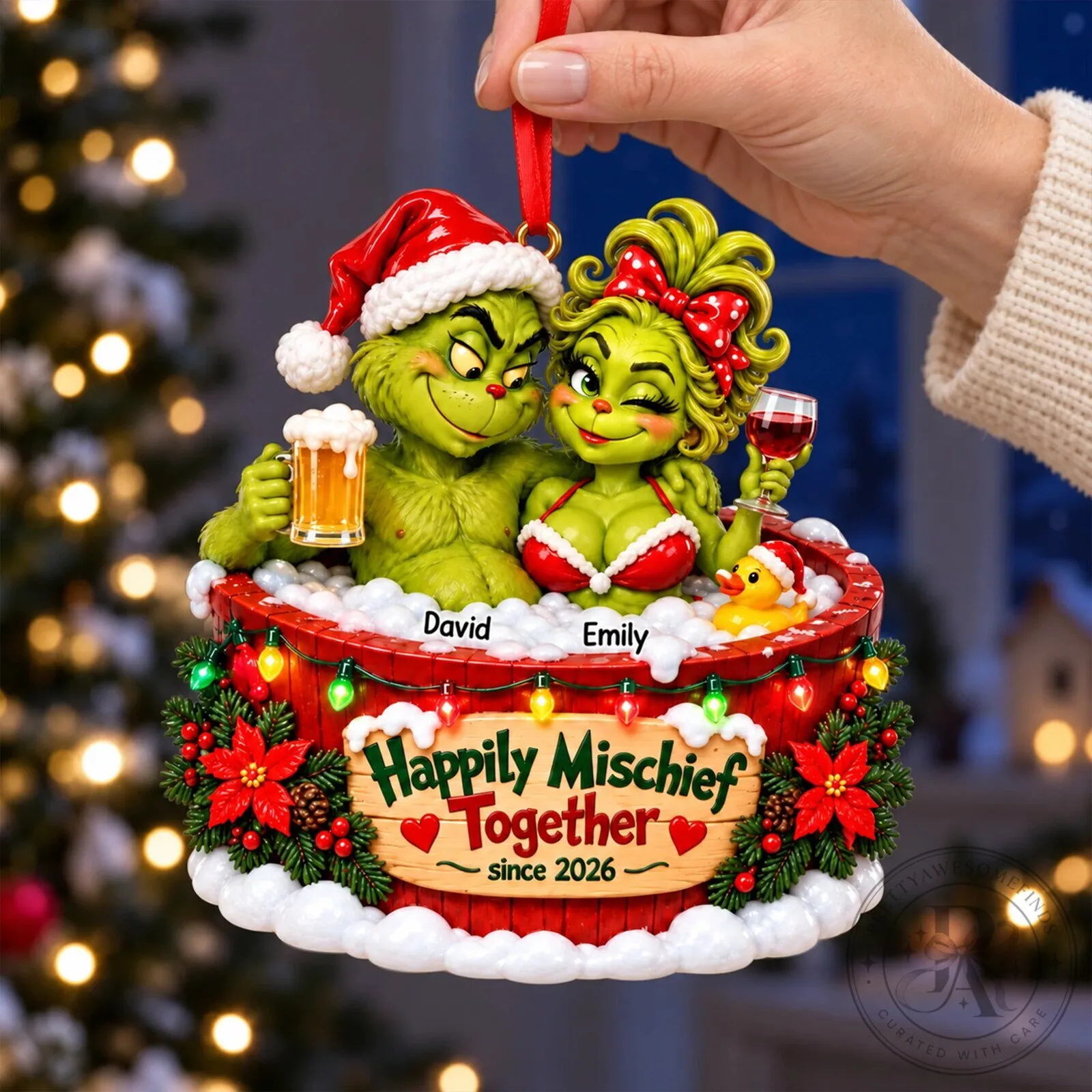 Grinch and Cindy Lou Who Happily Mischief Together Personalized Christmas Ornament