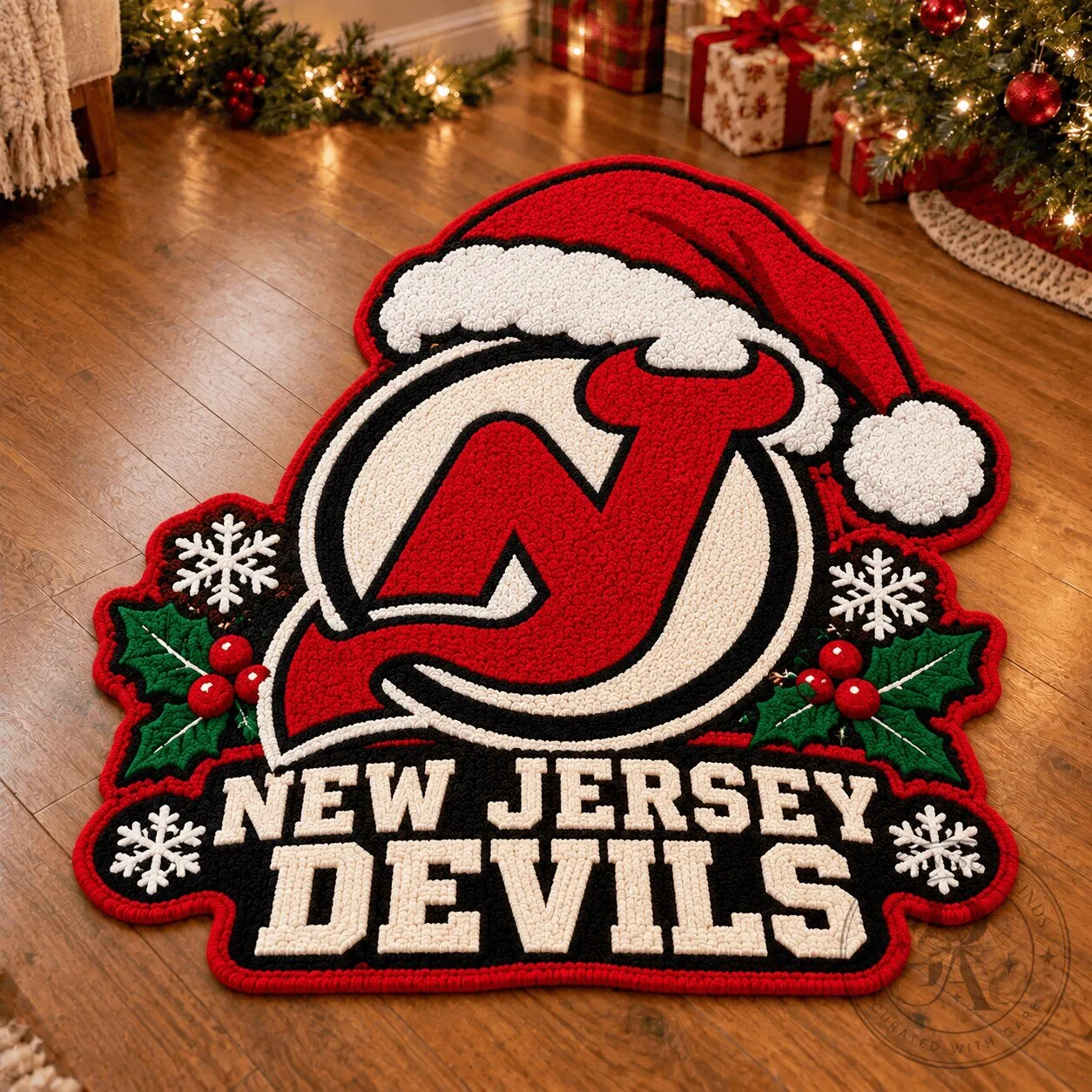New Jersey Devils Christmas Holiday Floor Mat with Santa Hat Design