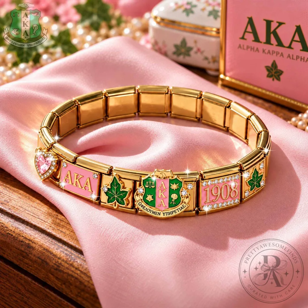 Alpha Kappa Alpha Sorority Gold Italian Charm Bracelet with Pink and Green Enamel Alpha Kappa Alpha Sorority Gold Italian Charm Bracelet with Pink and Green Enamel