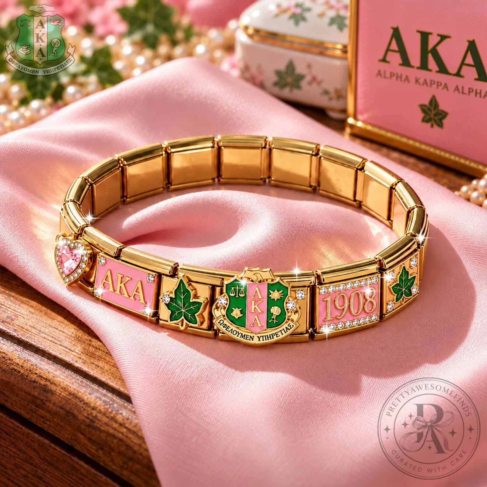 Alpha Kappa Alpha Sorority Gold Italian Charm Bracelet with Pink and Green Enamel