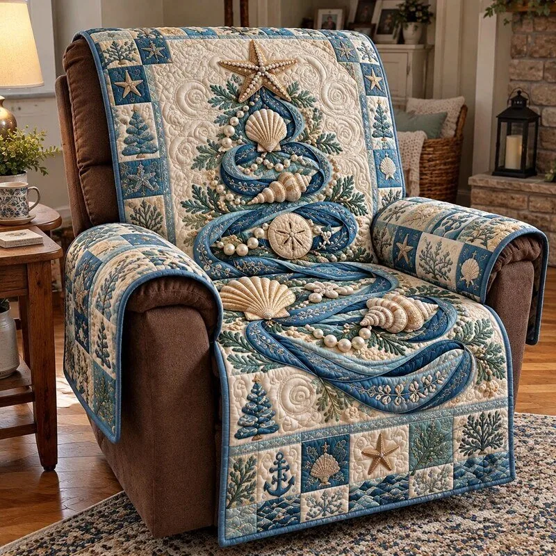 Coastal Pearl Tree Quilted Sofa Cover, Nautical Beach Theme Chair Protector