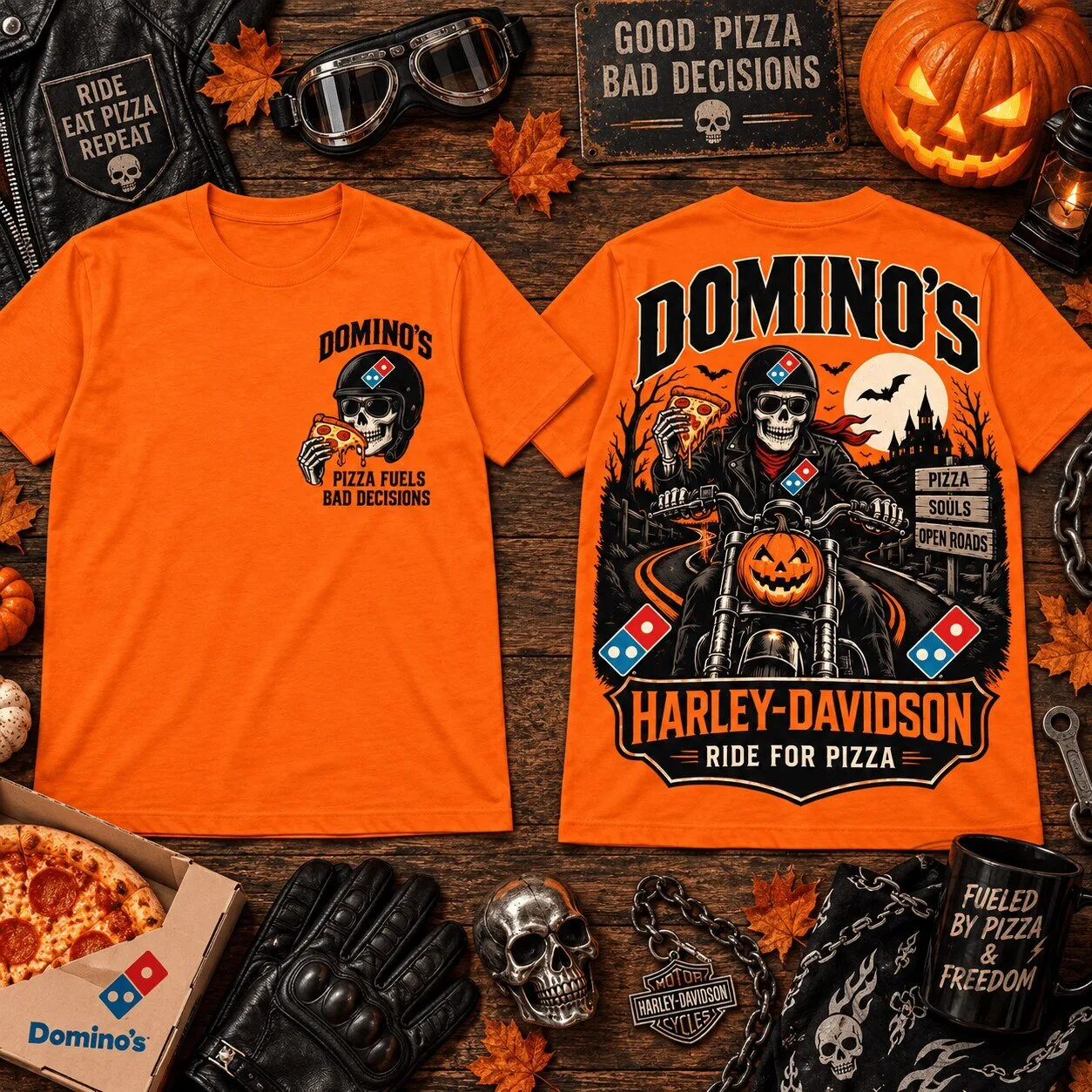 Domino's Pizza Harley-Davidson Motorcycle Rider Halloween Graphic T-Shirt